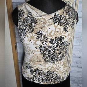 Y2K Glam Sleeveless Cowl Neck Floral Tank Top - White & Tan